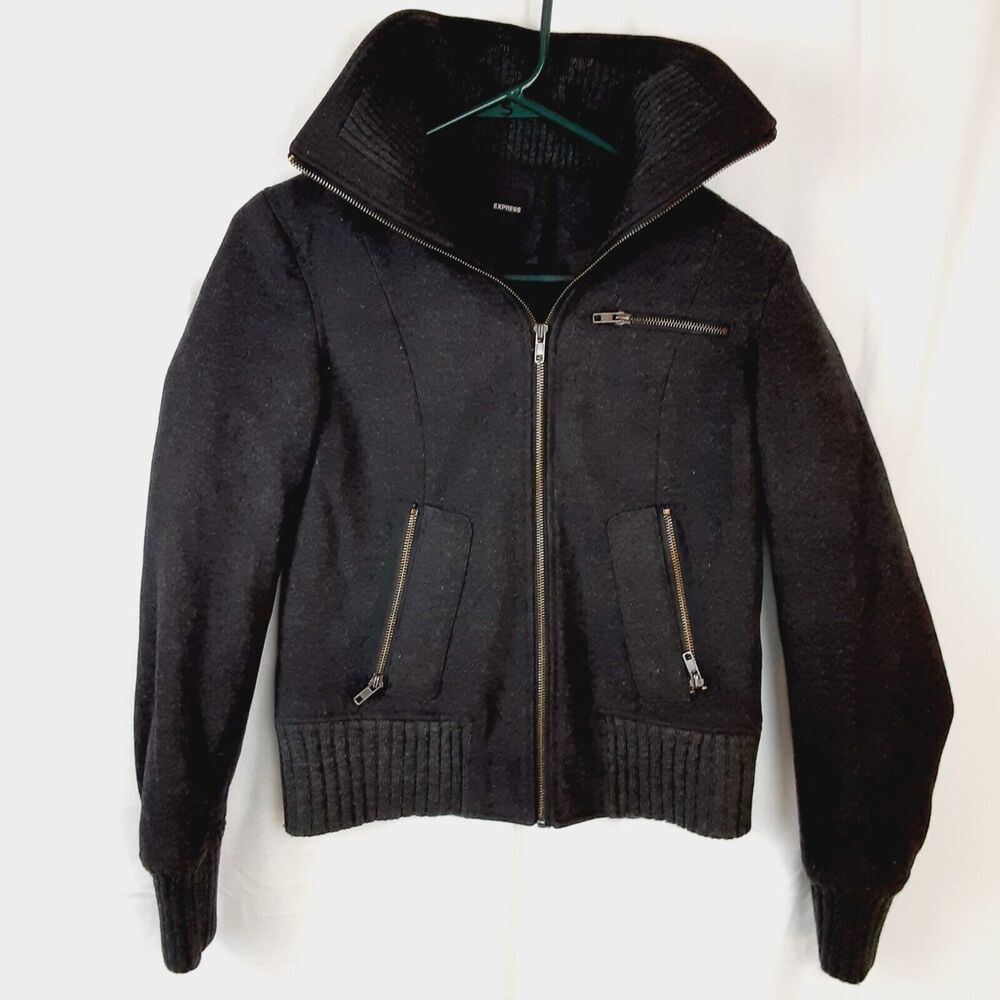 Express Womens Small Zippered Wool Jacket with Pockets and High Collar Dark Grey